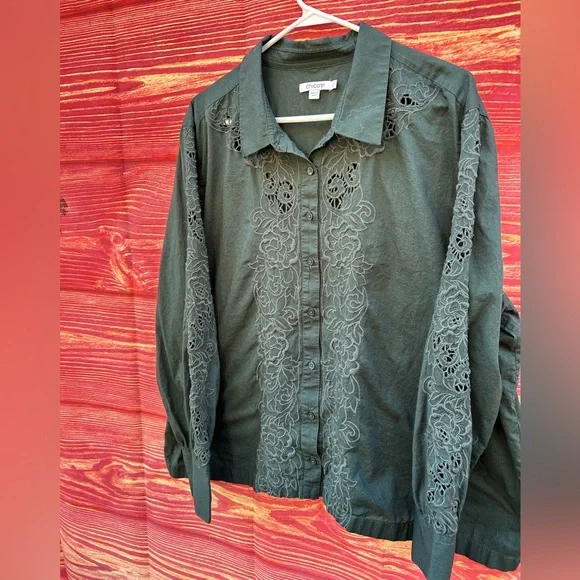 Chico's size 4/US 20 deep spruce green eyelet lace cotton cutout blouse - Picture 3 of 10